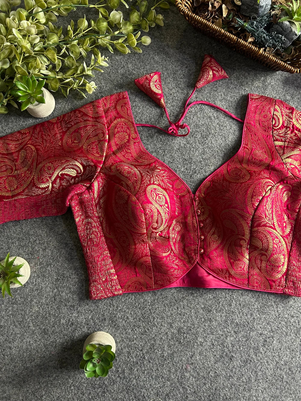 Brocade Stretchable Blouse - Rani Pink - Sleeved (Size 36-40)