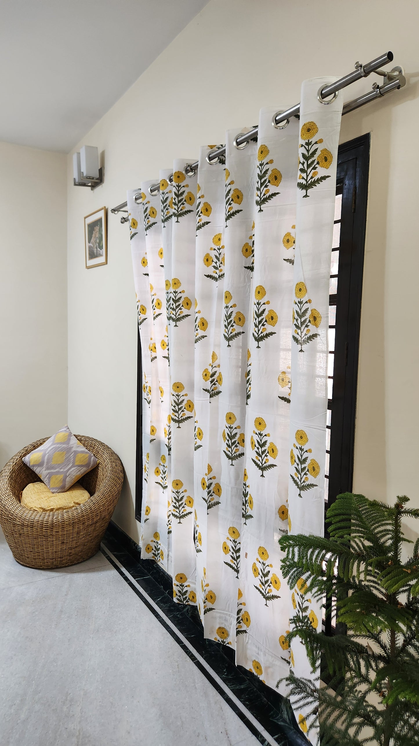 Hand block printed curtain_white&yellow