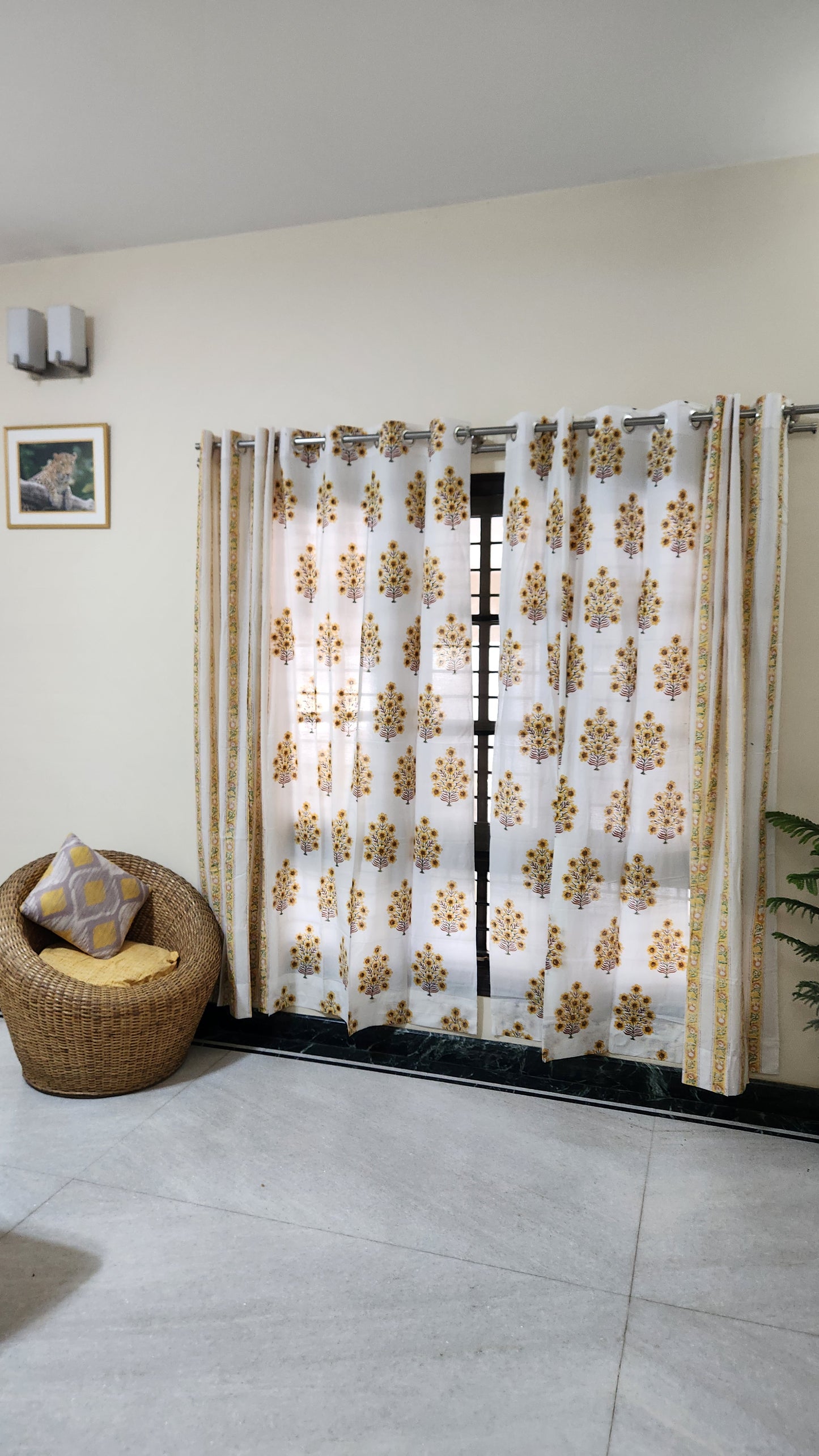 Hand block printed curtain_white&yellow