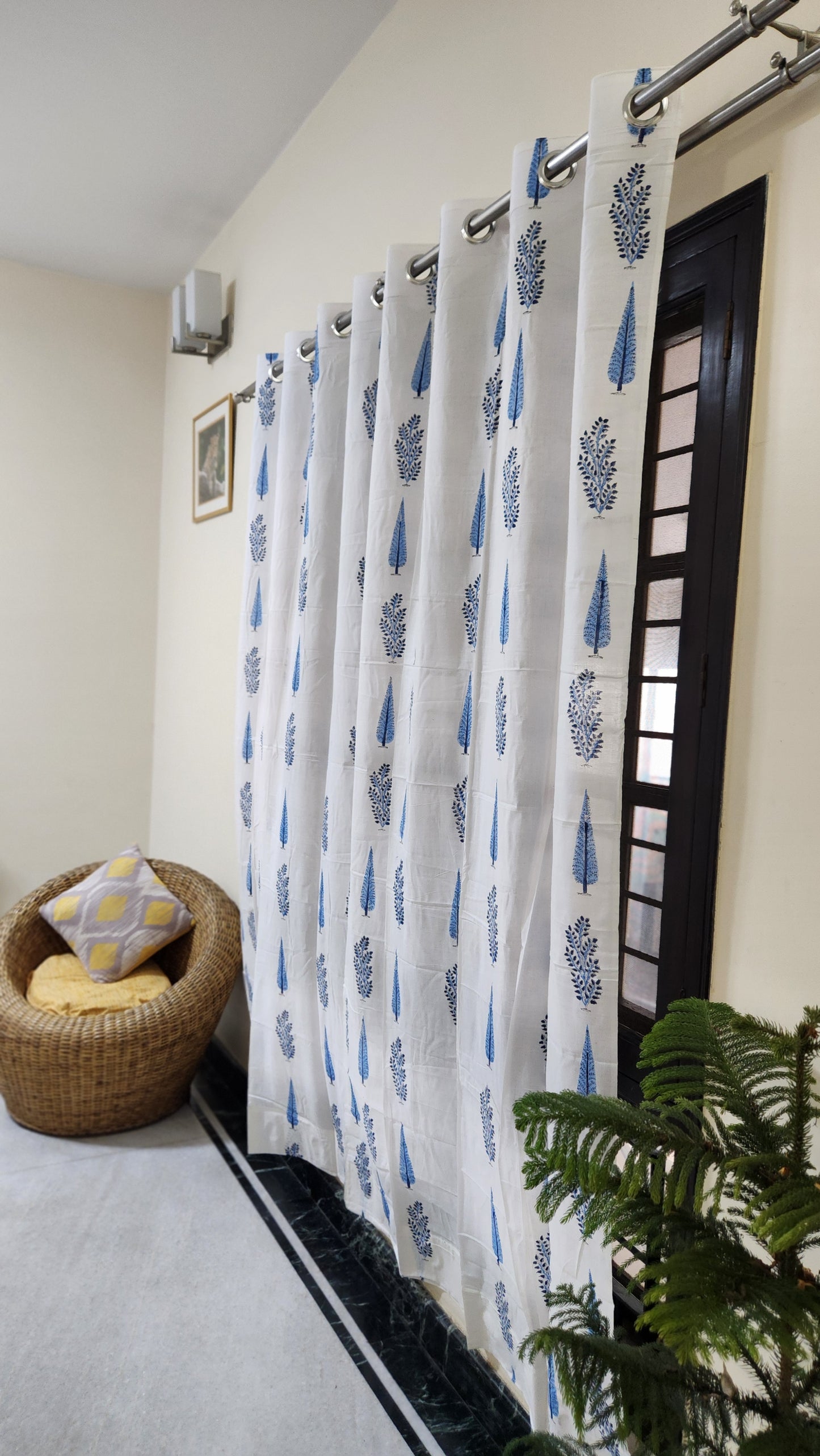 Hand block printed curtain_white&blue