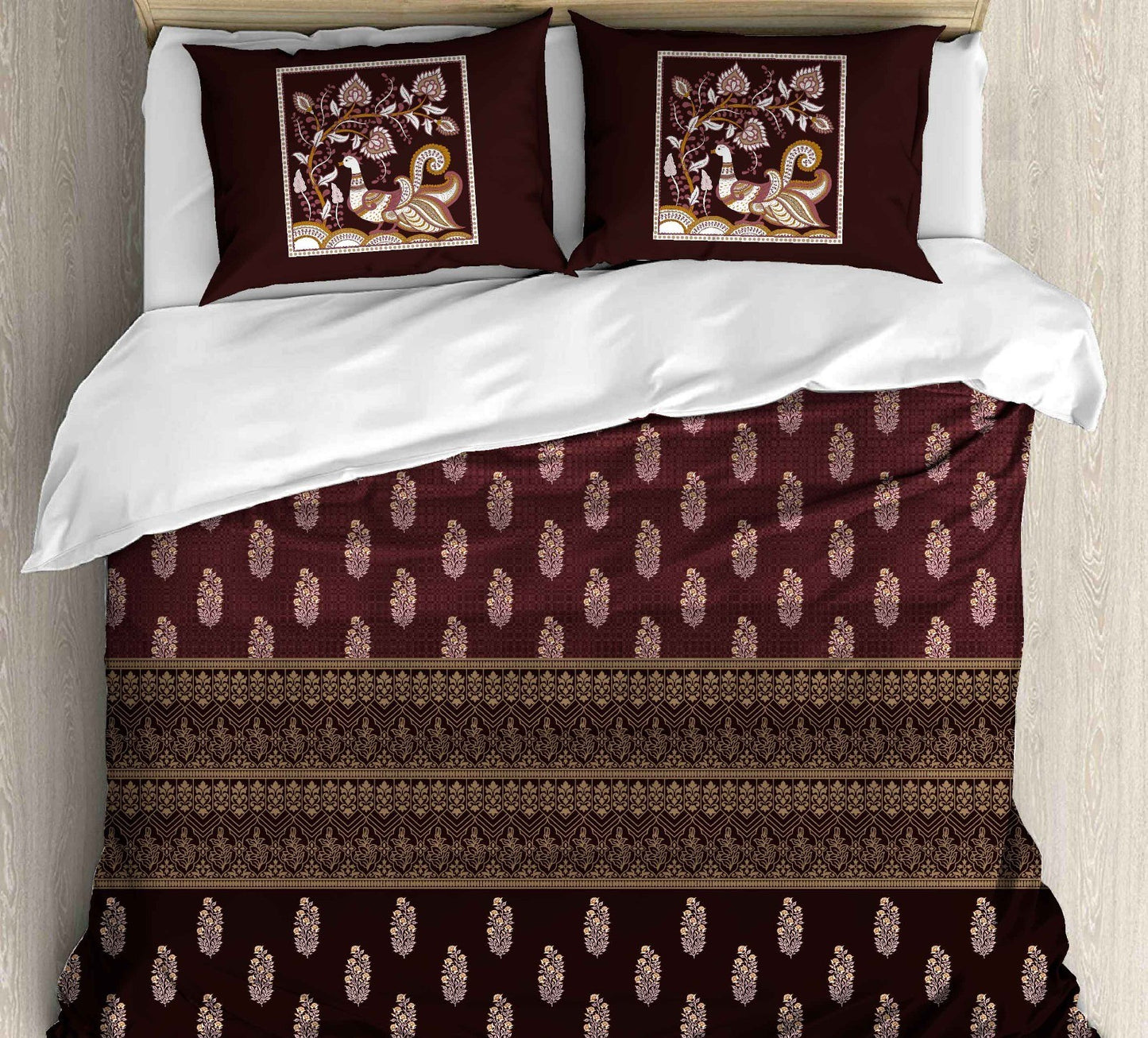 Cotton Printed bedsheet - PEACOCK print - Jumbo King size - Maroon colour