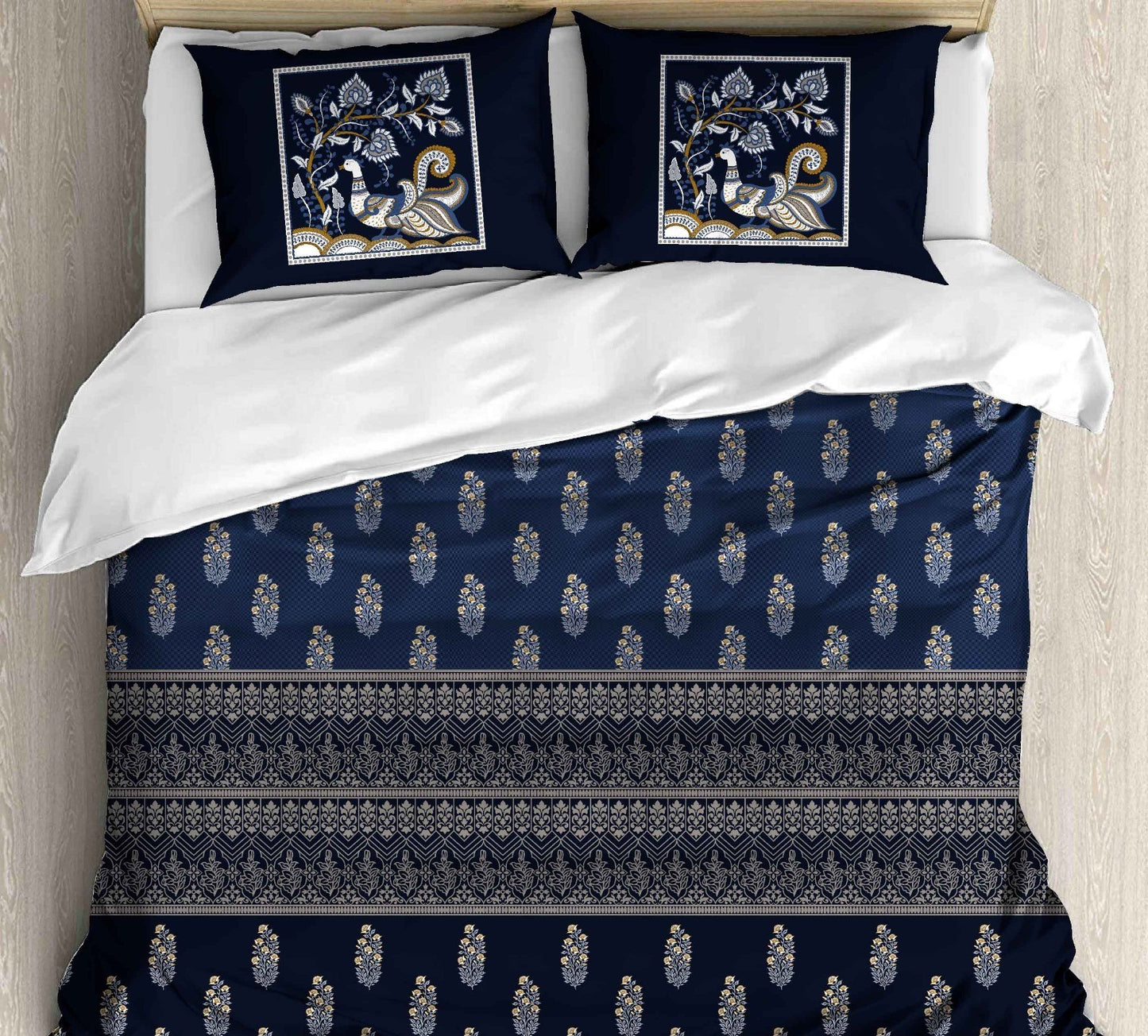 Cotton Printed bedsheet - PEACOCK print - Jumbo King size - Blue colour