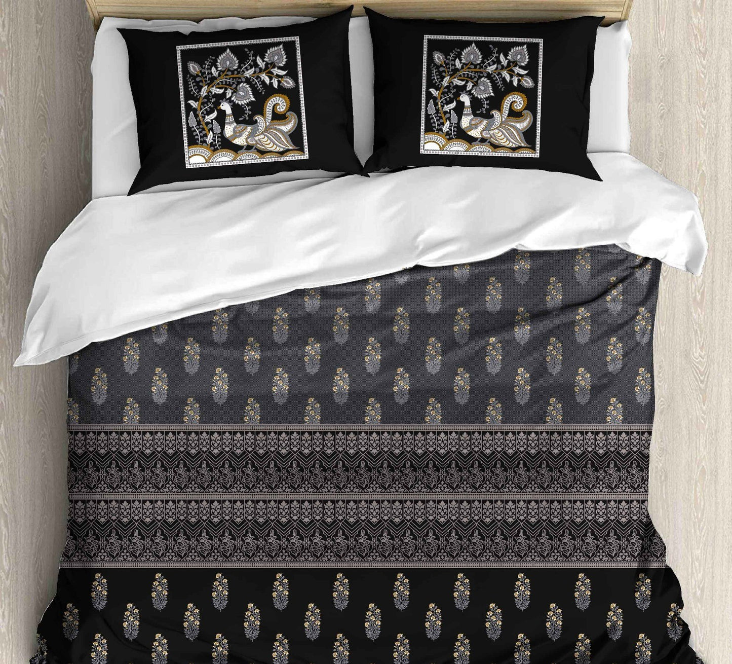 Cotton Printed bedsheet - PEACOCK print - Jumbo King size - Grey colour