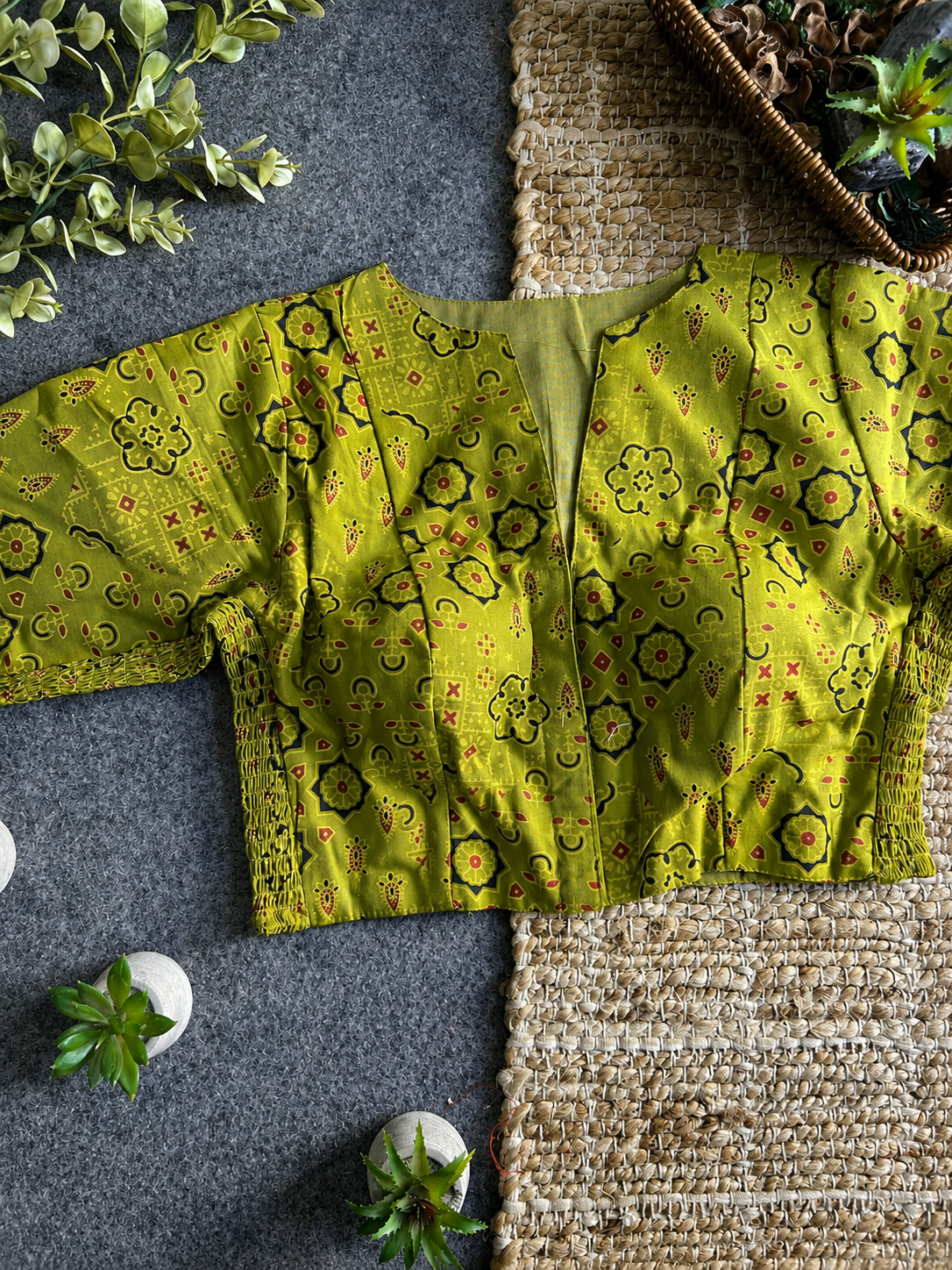Comfort Fit Ajrakh Print Blouse - Green