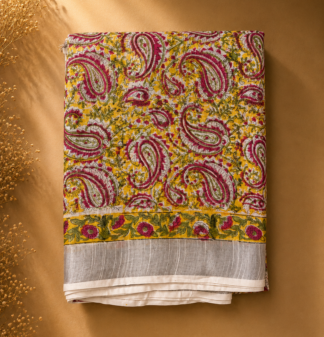 Linen saree - White&Yellow (Floral)