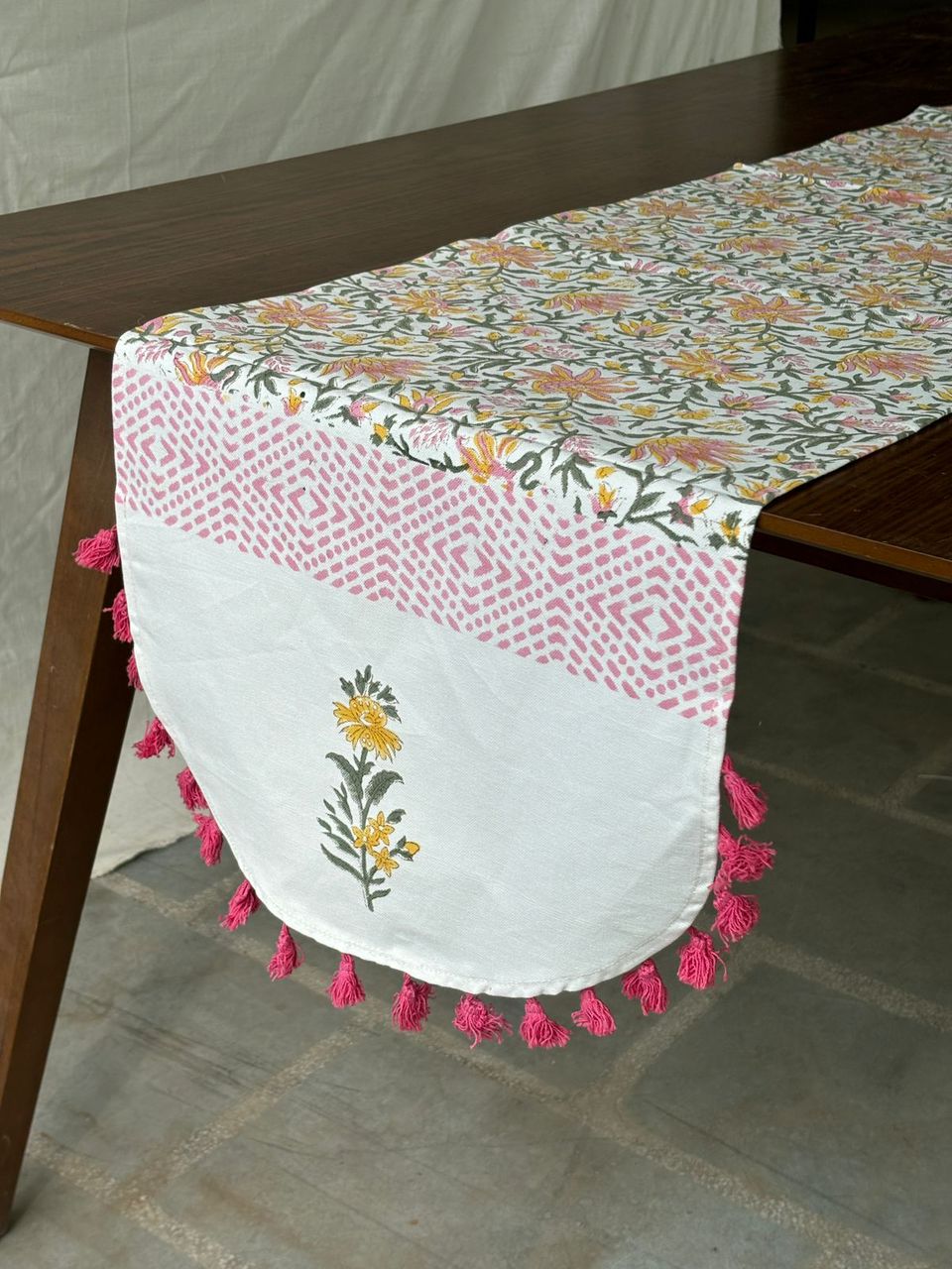 Handblock printed table runner_Pink with tassles