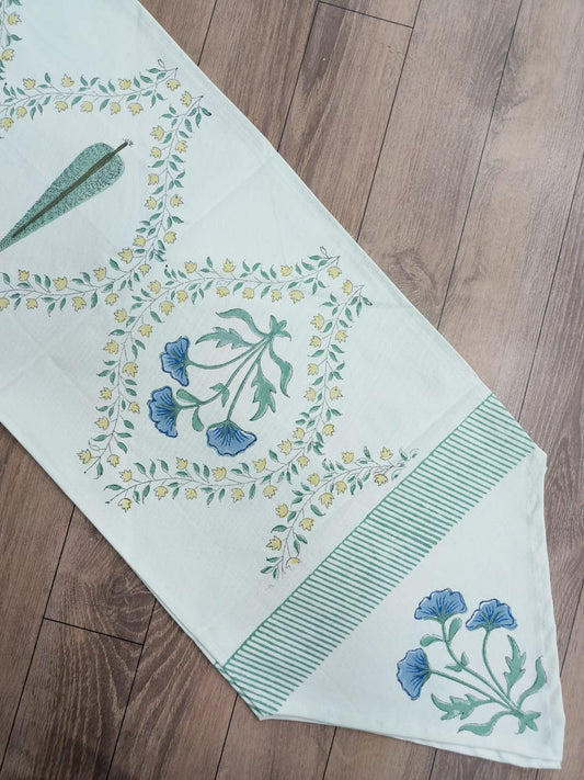 Handblock printed table runner_Floral print_Blue&Green