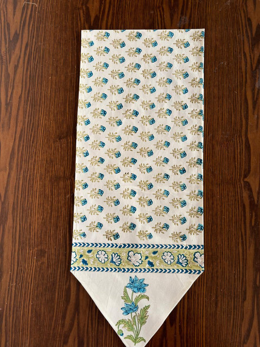Handblock printed table runner_Floral print_Blue&Mustard