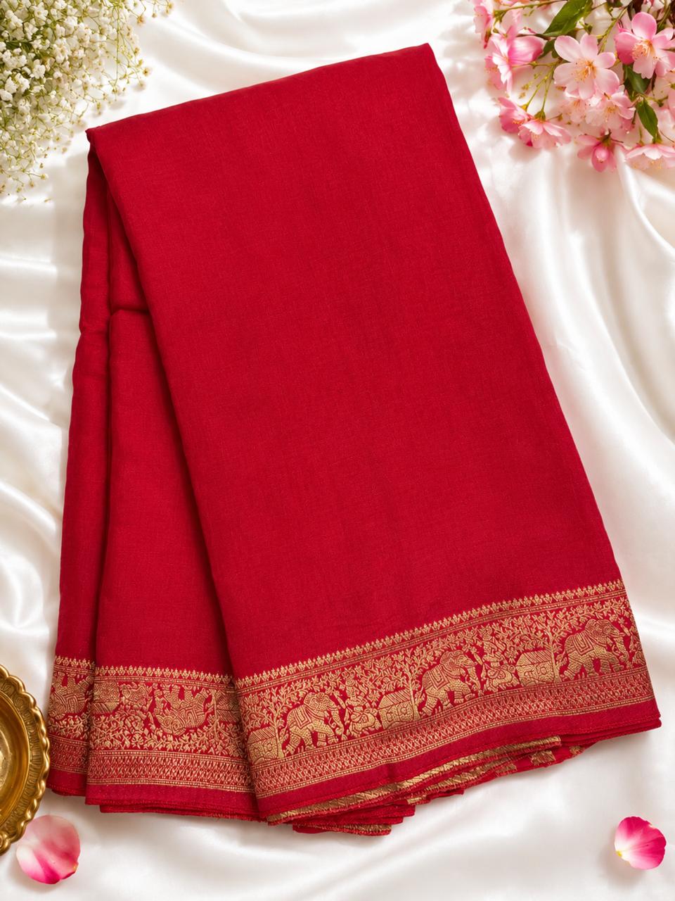Dola Silks - Elephant border (bright red)