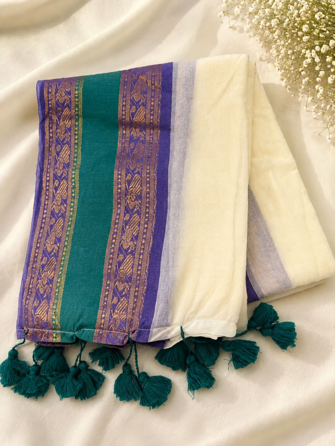 Mulcotton Sarees (Off white with blue and green zari border)