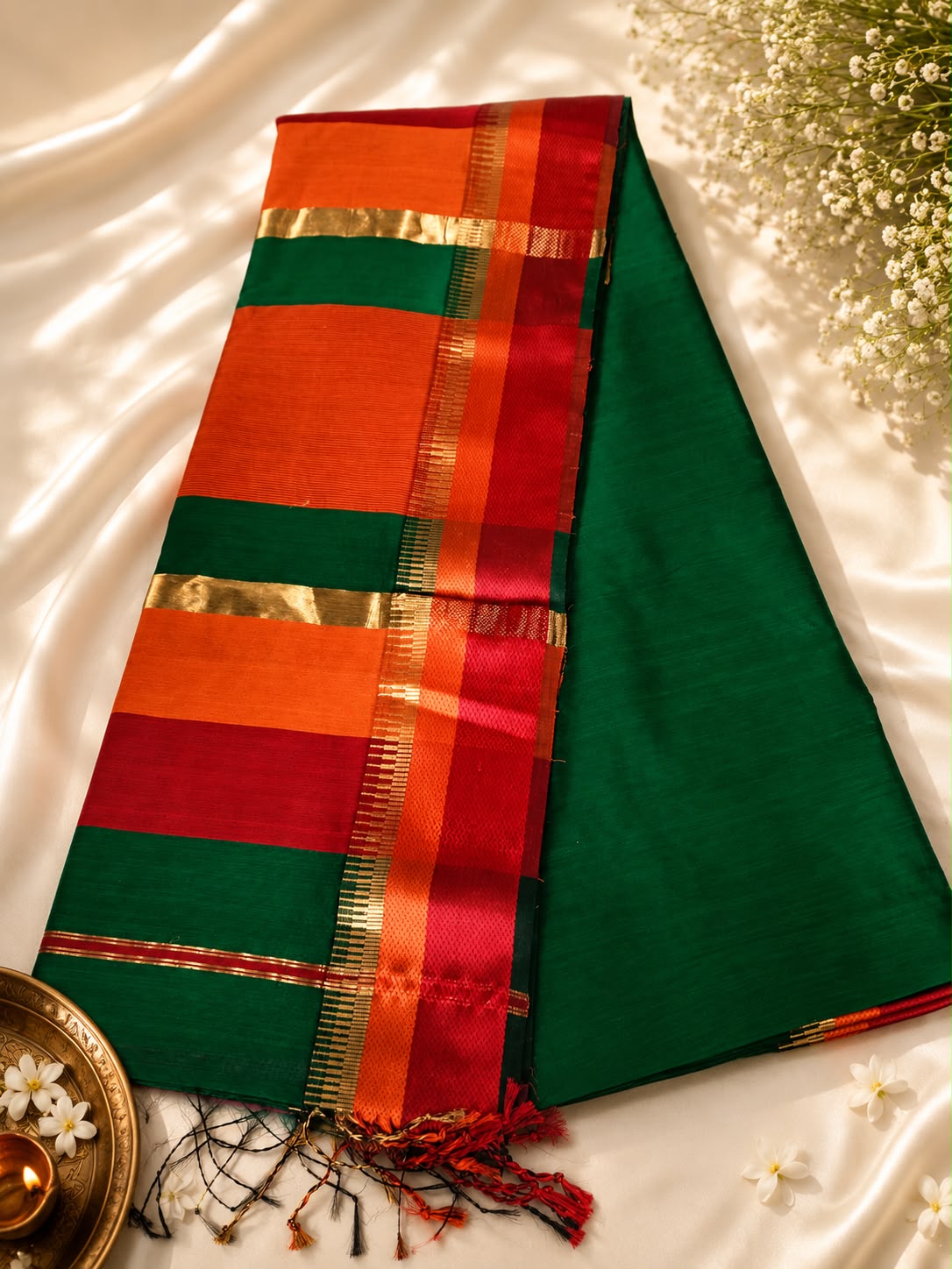 Maheshwari Silk - Green with orange (temple border)