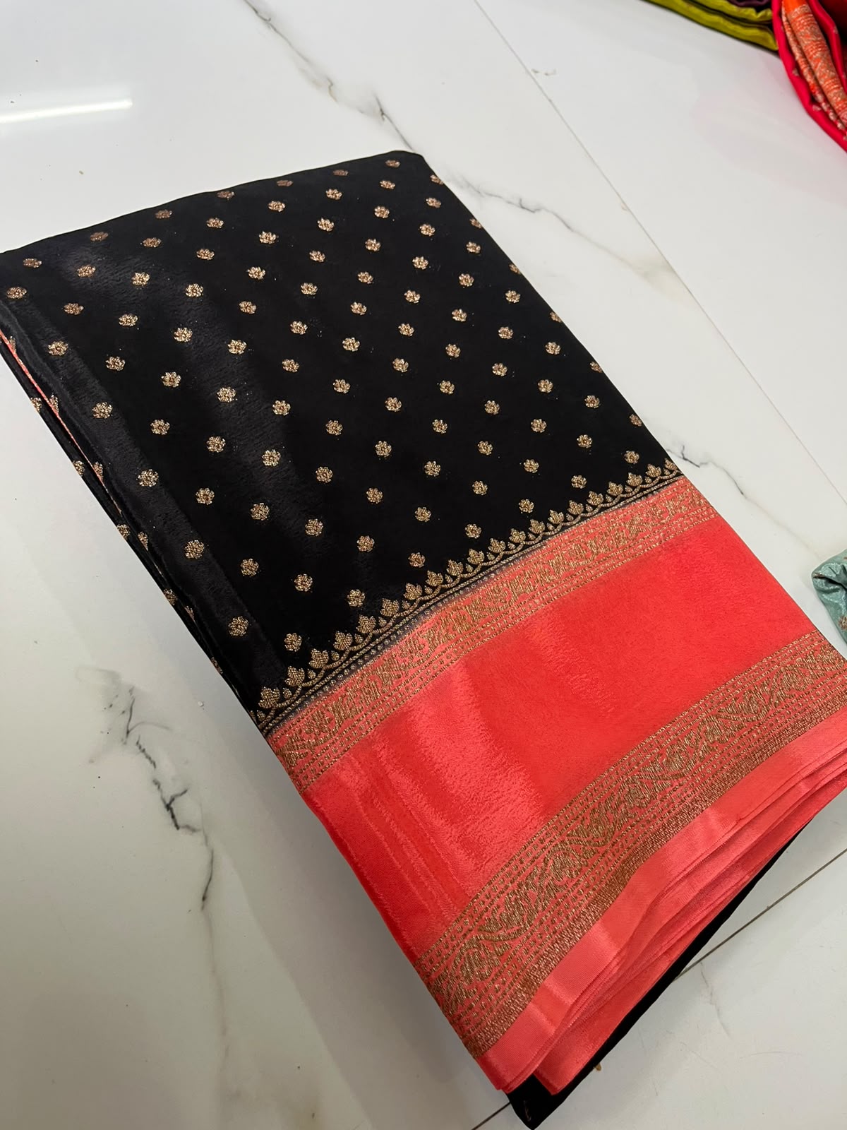 Banarasi Khadi Crepe Silks - Black&Peach