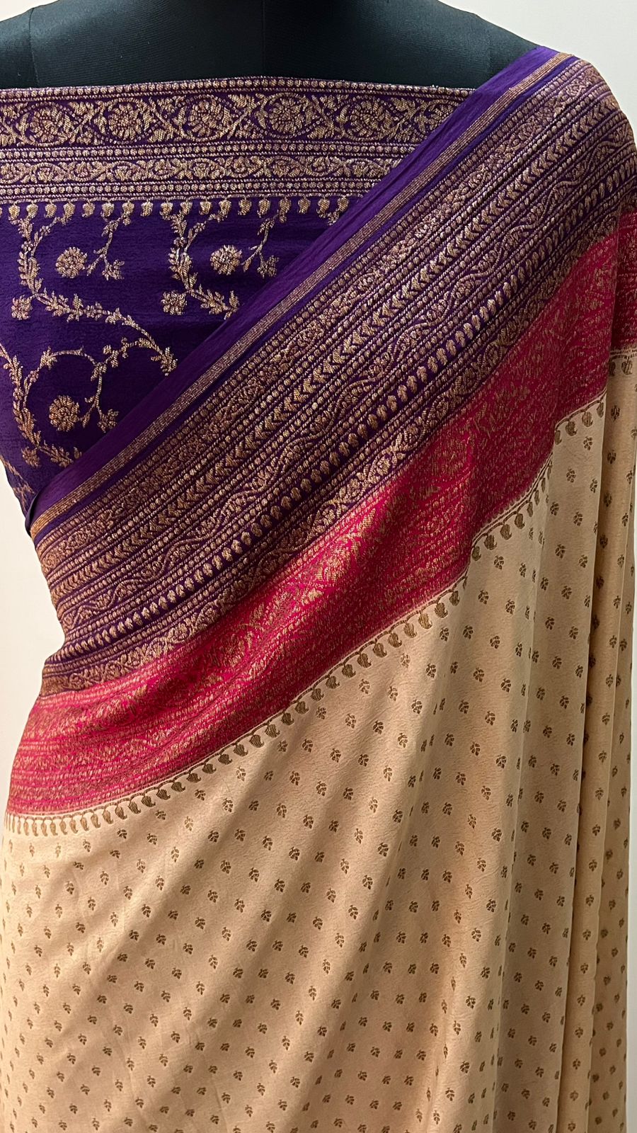 Banarasi Khadi Crepe Silks - Beige&Pink&Purple(3D)