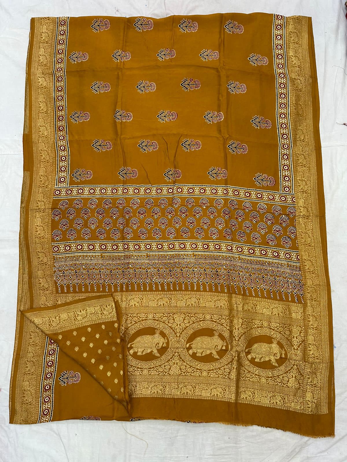 Ajrakh Dola Silk Sarees (Mustard Floral print)
