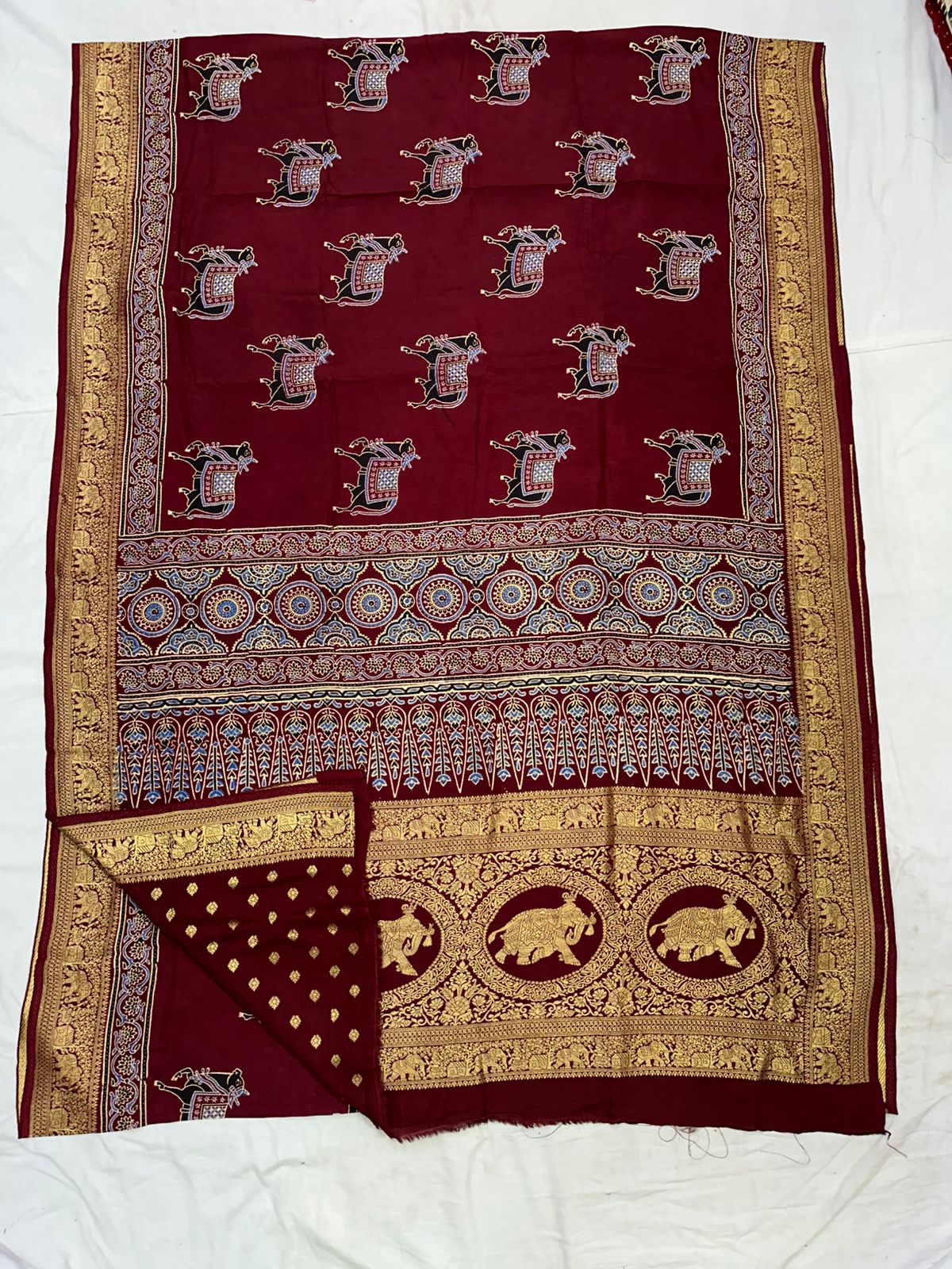 Ajrakh Dola Silk Sarees (Maroon, cow print)