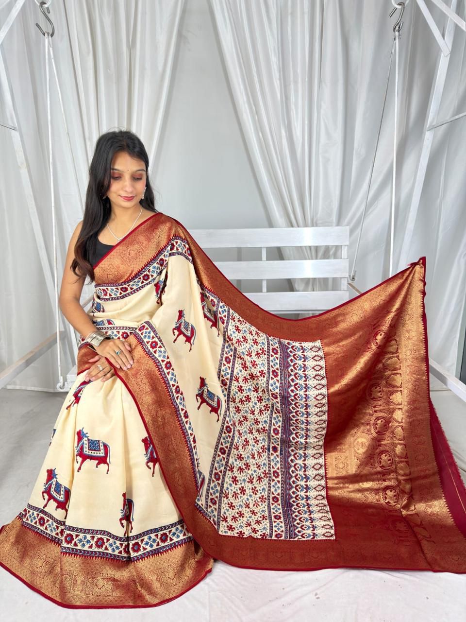 Ajrakh Dola Silk Sarees (Cream and Red, Cow print)
