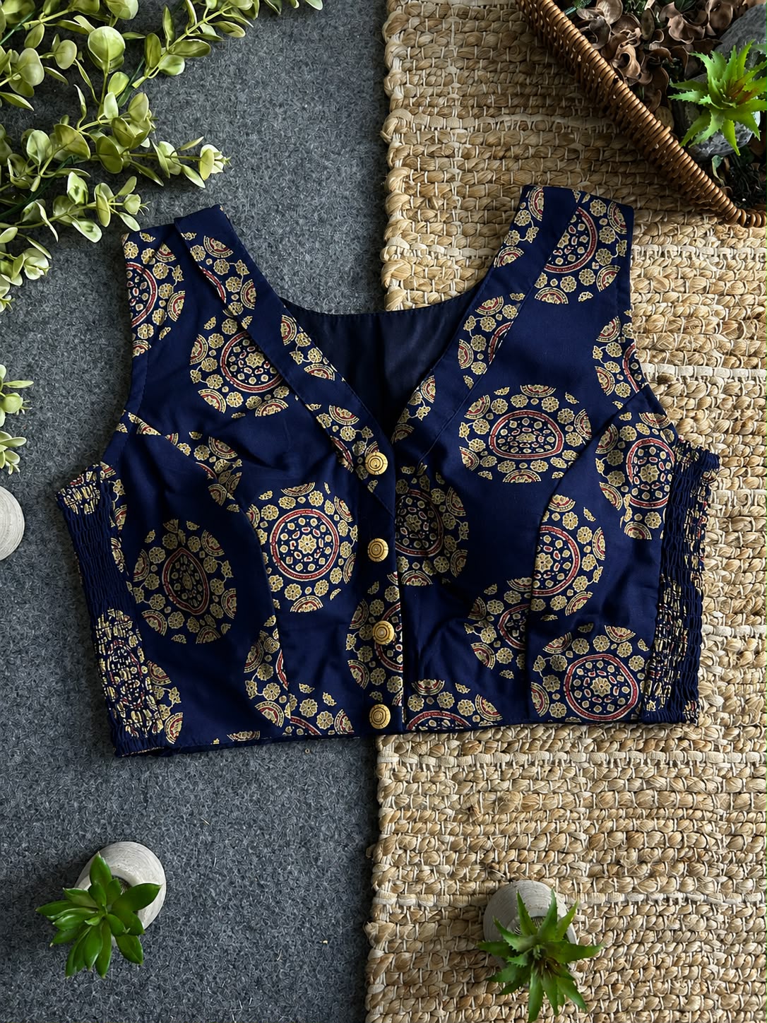 Ajrakh Print Stretchable Blouse - Sleeveless - Navy Blue (Size 34-36)