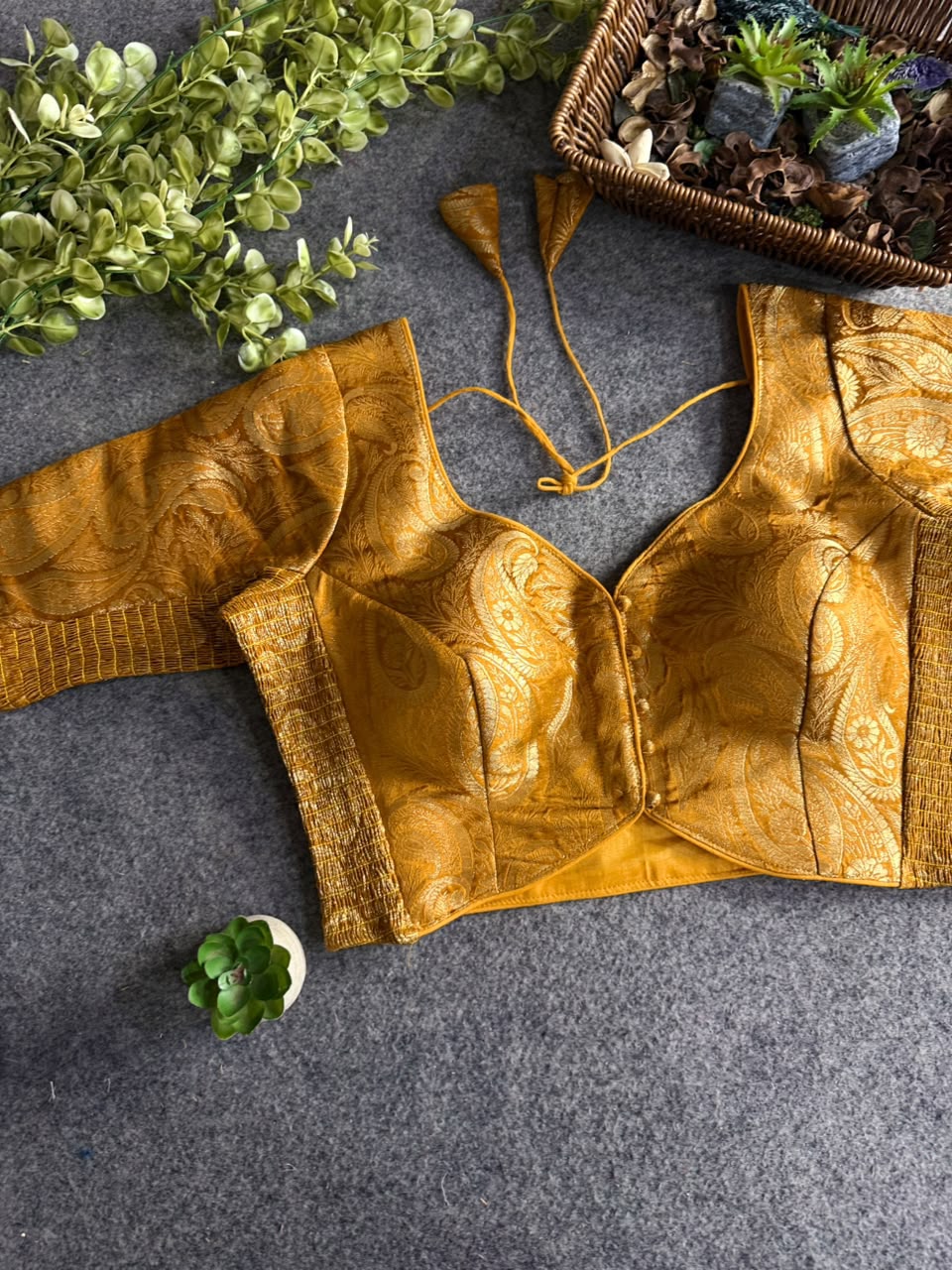 Brocade Stretchable Blouse - Mustard Yellow - Sleeved (Size 36-40)