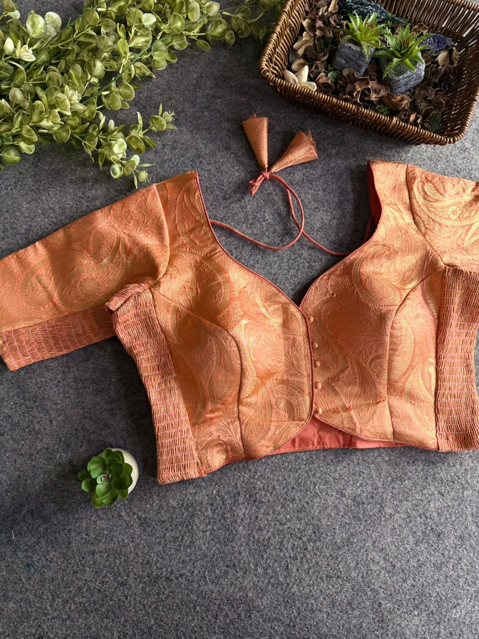 Brocade Stretchable Blouse - Peach - Sleeved (Size 36-40)