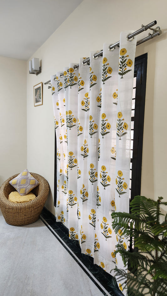 Hand block printed curtain_white&yellow