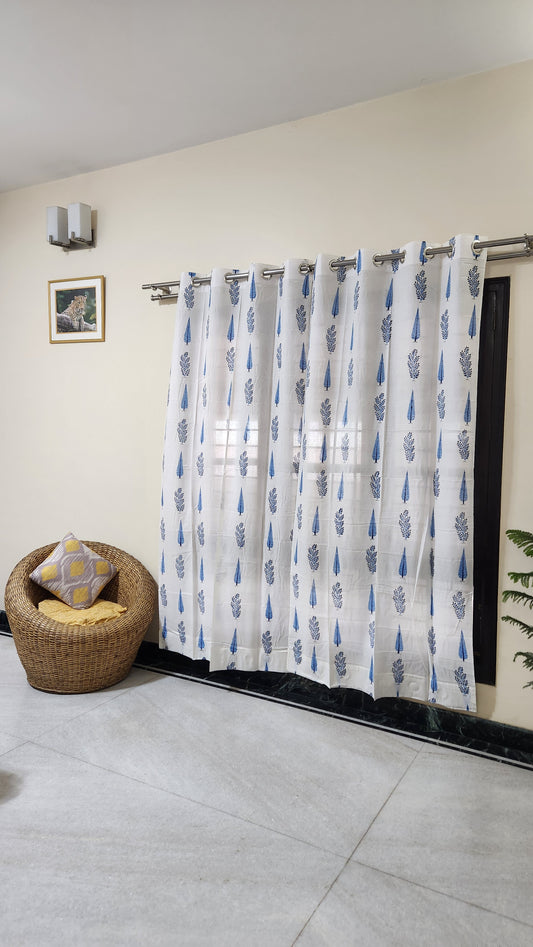 Hand block printed curtain_white&blue