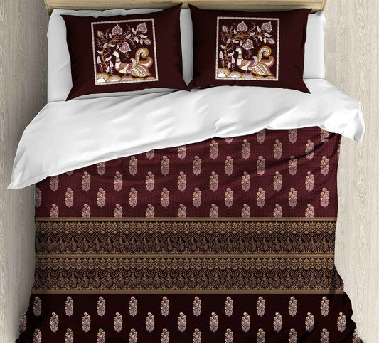 Cotton Printed bedsheet - PEACOCK print - Jumbo King size - Maroon colour