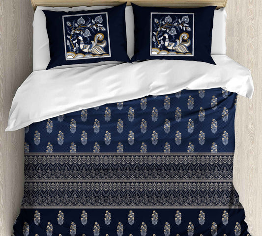 Cotton Printed bedsheet - PEACOCK print - Jumbo King size - Blue colour