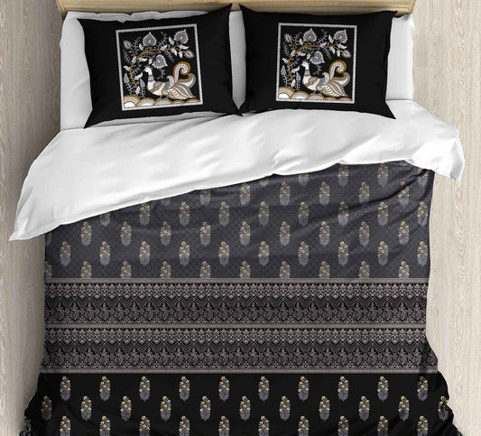 Cotton Printed bedsheet - PEACOCK print - Jumbo King size - Grey colour