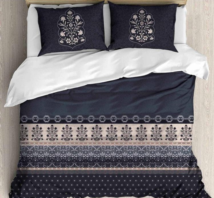 Cotton Printed bedsheet - FLOWER3 print - Jumbo King size - Dark Blue colour