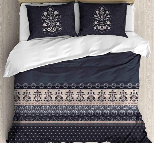 Cotton Printed bedsheet - FLOWER3 print - Jumbo King size - Dark Blue colour