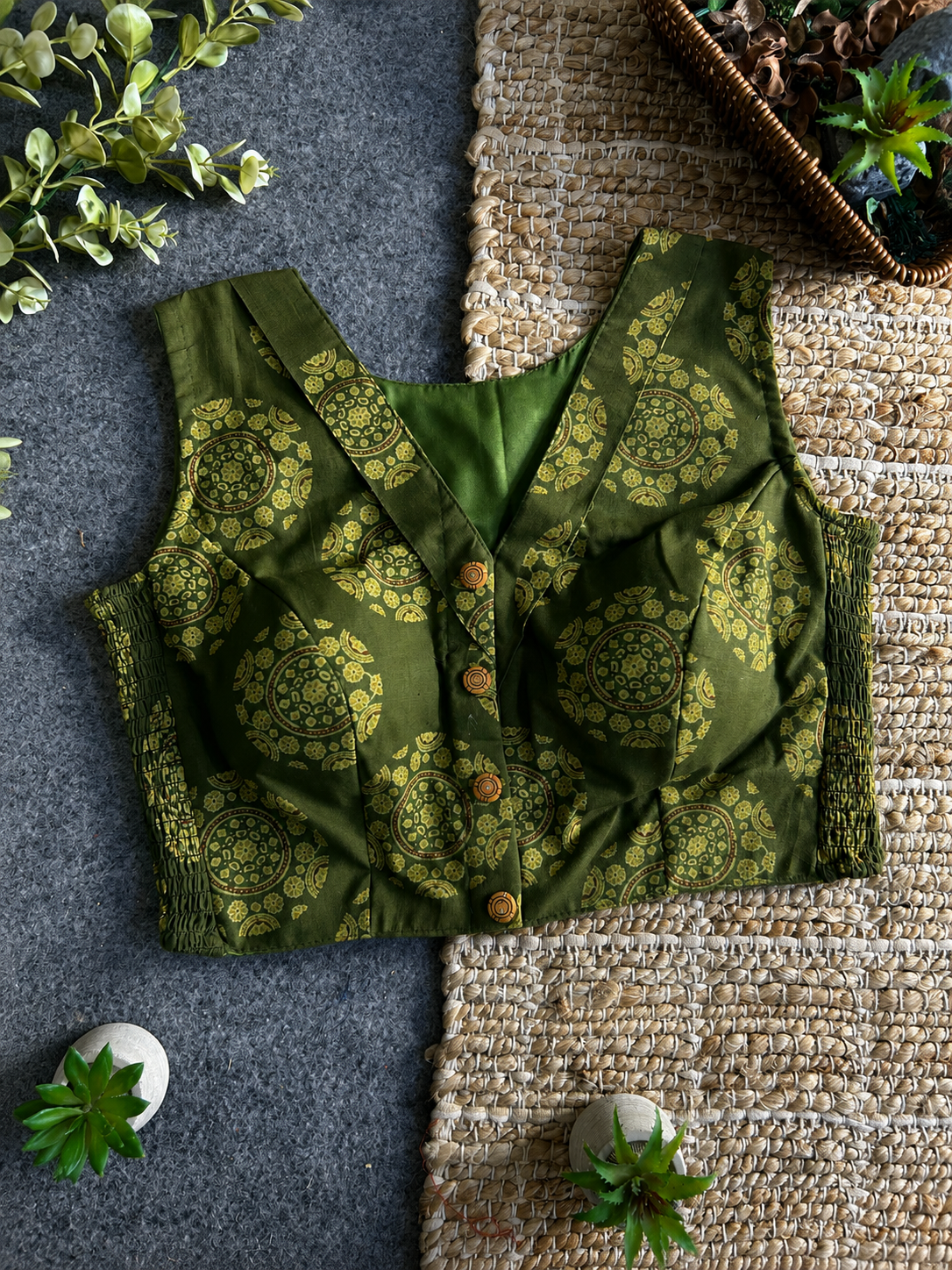 Comfort Fit Ajrakh Blouse - Green