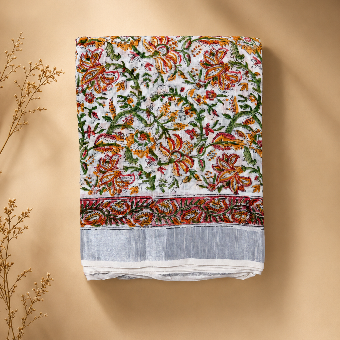 Linen saree - White&Pink (Floral)