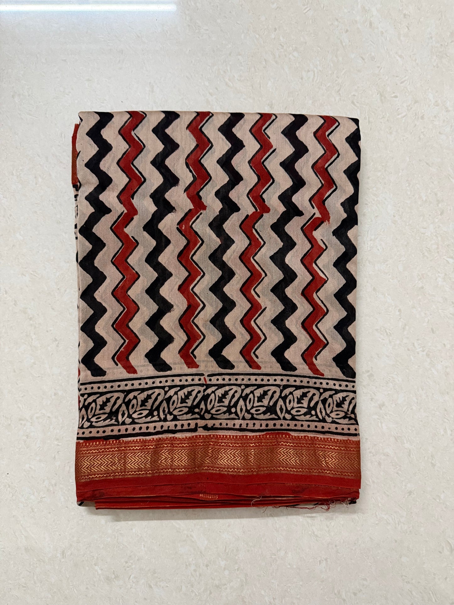 Maheshwari Cotton Saree - Biege&BrickRed