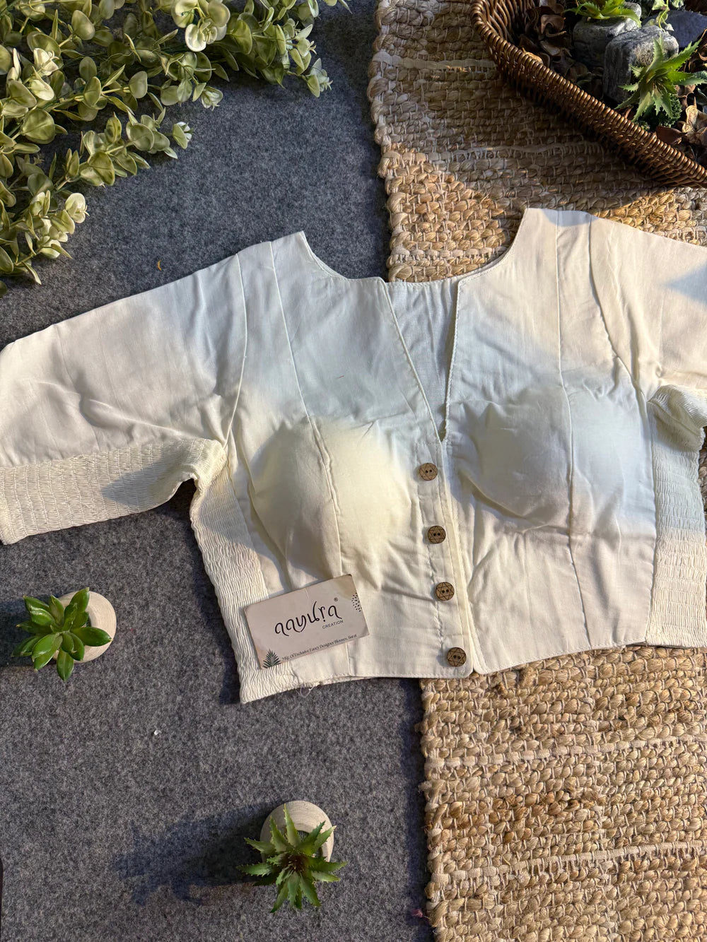 Plain Cotton Stretchable Blouse (V Neck) - Off White (Size 36-40)