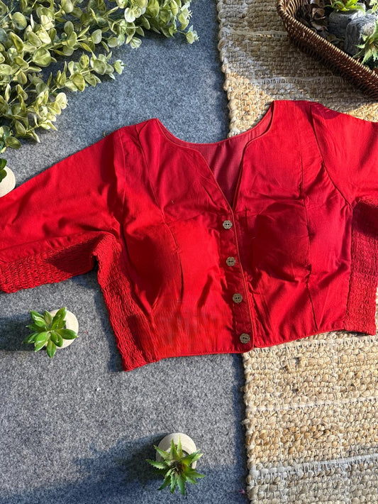Plain Cotton Stretchable Blouse (V Neck) - Red(Size 36-40)