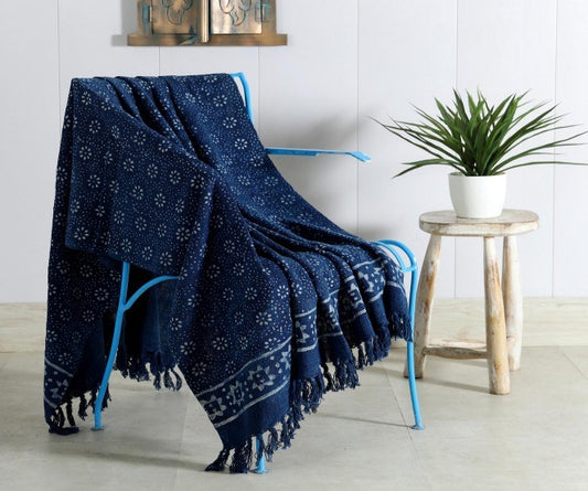 Handblock printed Sofa throw_Indigo Bloom