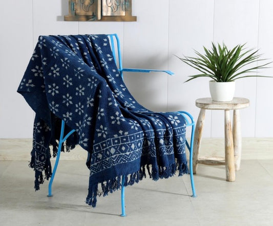 Handblock printed Sofa throw_Indigo Floral
