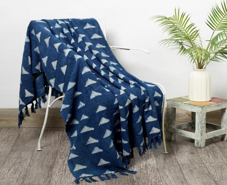 Handblock printed Sofa throw_Indigo Triad