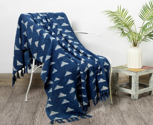 Handblock printed Sofa throw_Indigo Triad