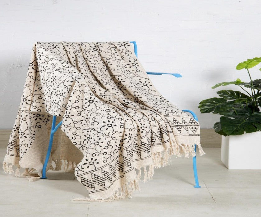 Handblock printed Sofa throw_Ivory Bloom