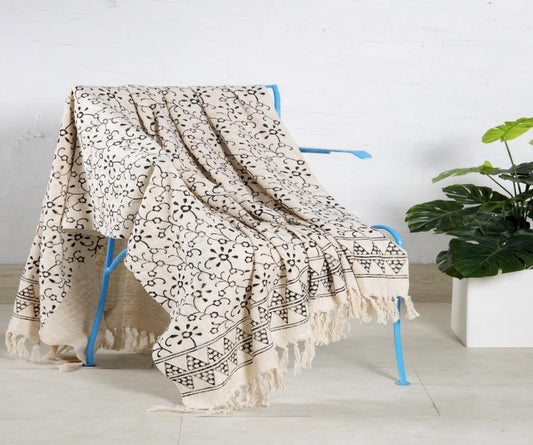 Handblock printed Sofa throw_Ivory Bloom