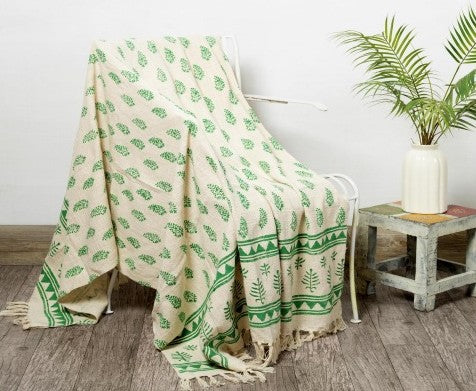 Handblock printed Sofa throw_Ivory Green