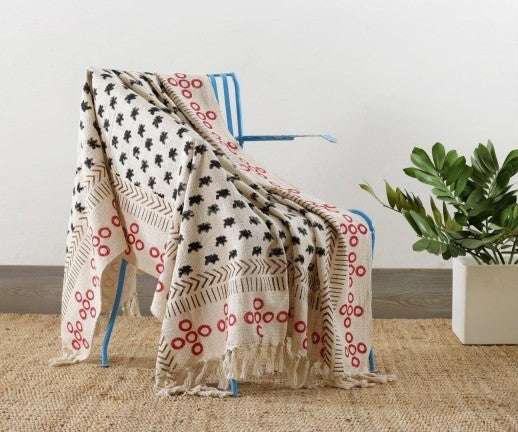 Handblock printed Sofa throw_Ivory Muse_Red&Brown