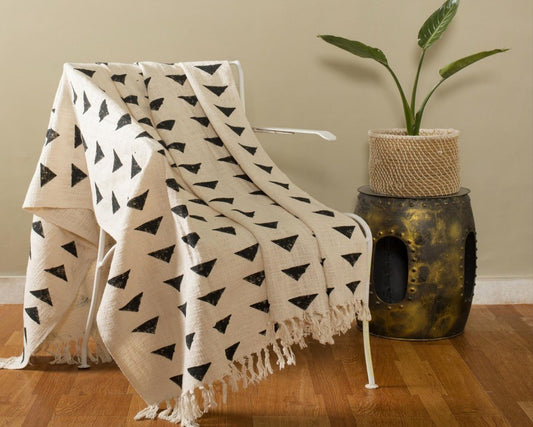Handblock printed Sofa throw_Ivory Triad