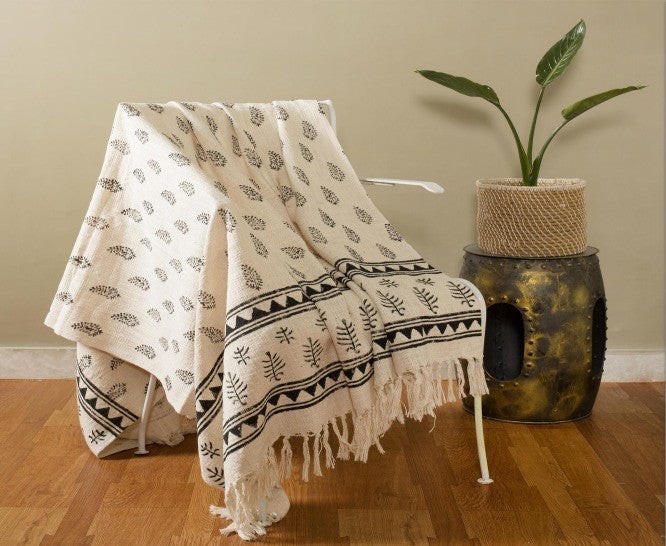 Handblock printed Sofa throw_Ivory Weave