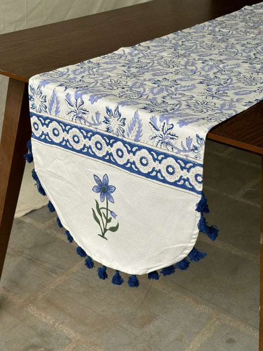 Handblock printed table runner_Blue with tassles