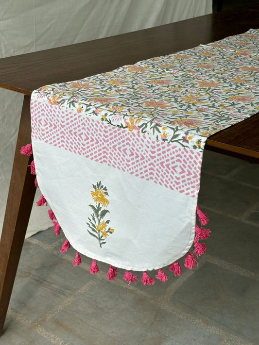 Handblock printed table runner_Pink with tassles