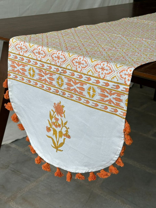 Handblock printed table runner_Orange with tassles
