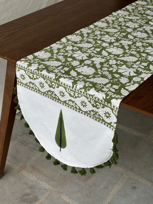Handblock printed table runner_Green with tassles