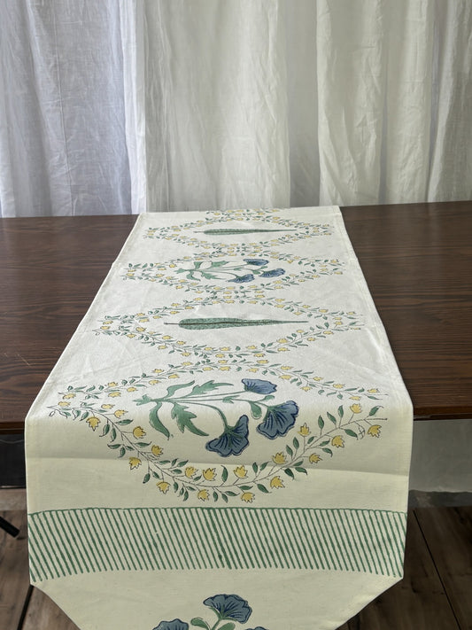 Handblock printed table runner_Floral print_Blue&Green